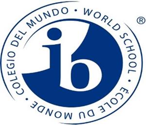 Blue IB letters with Colegio del mundo, world school ecole du monde surrounding the letters in a circle